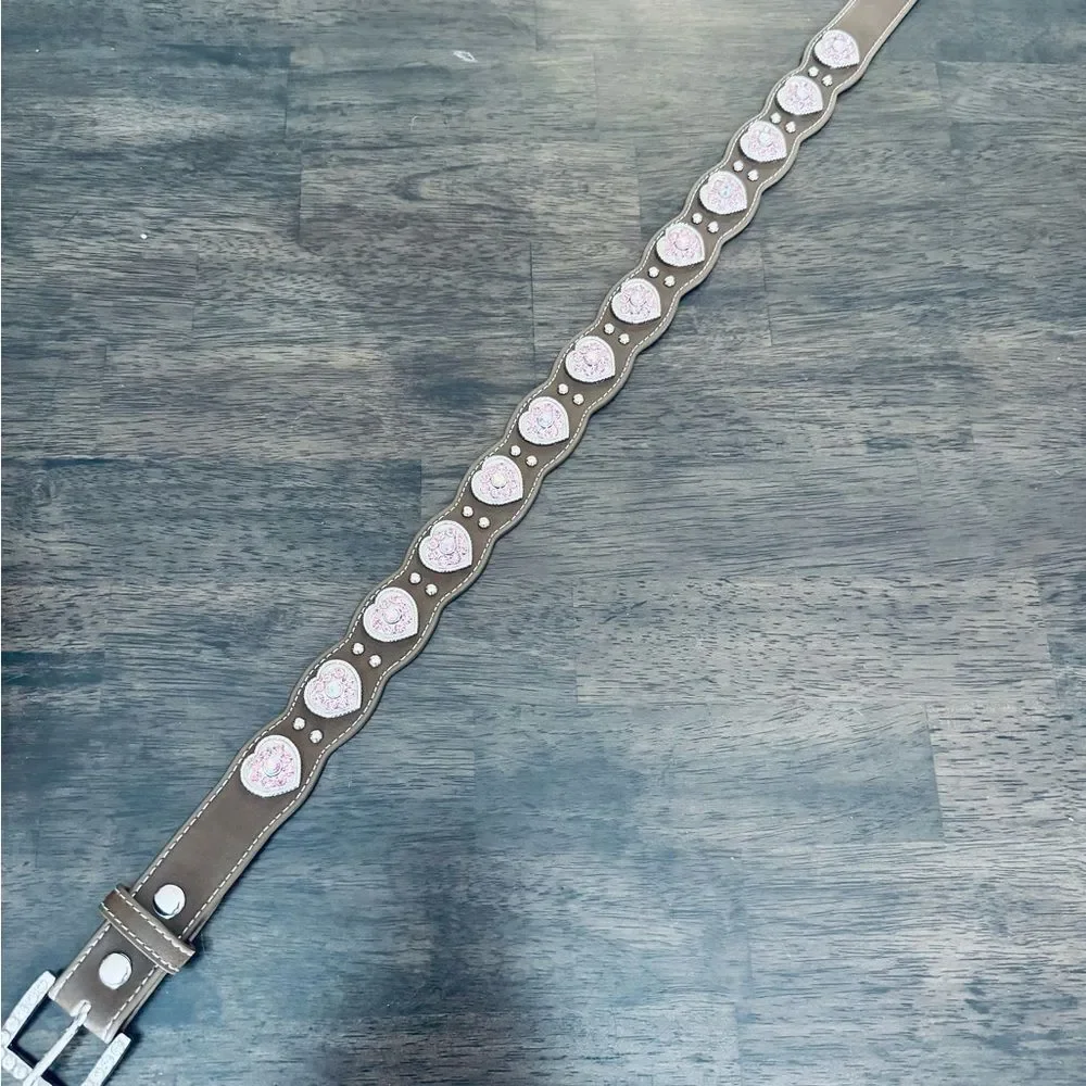 Nocona Belt Co. Pink Rhinestone Bling Silver Hearts Brown Belt